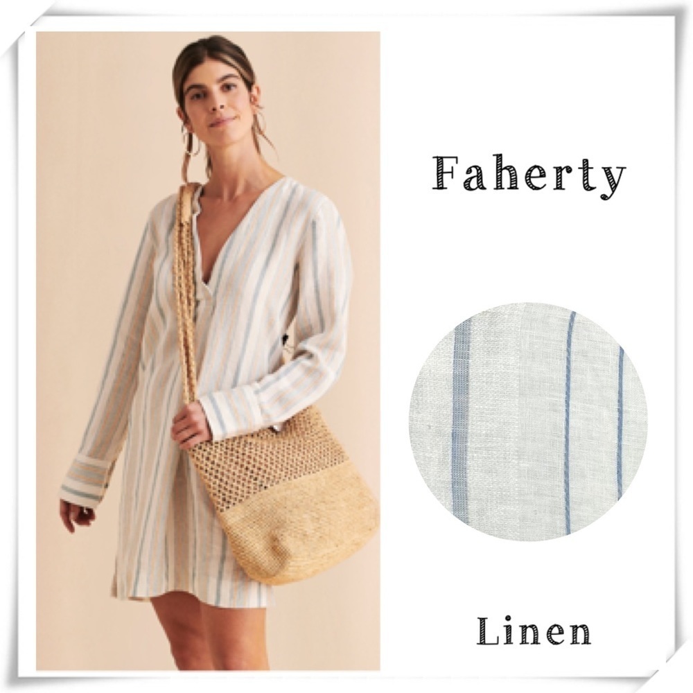 Faherty Beach Day Linen Shirt Dress in Natural Blue Striped Size S